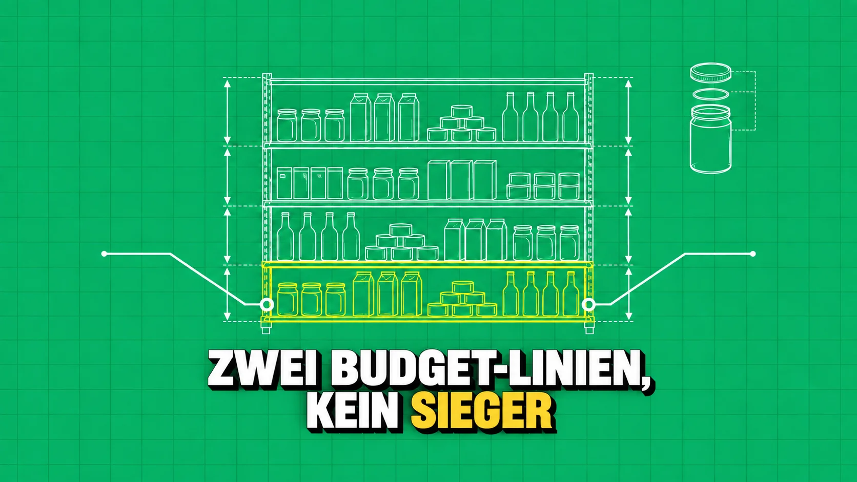 Technische Zeichnung eines Regals in Weiss auf Grün, zwei Hinweislinien zeigen auf dasselbe unterste Tablar