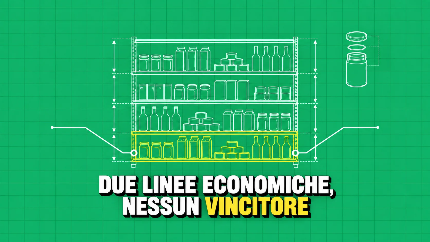 Disegno tecnico bianco su fondo verde di uno scaffale, con due richiami che puntano allo stesso ripiano basso