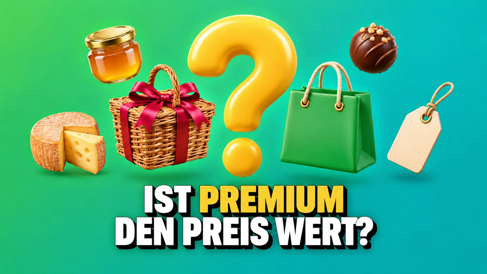 Glänzende 3D-Symbole von Korb, Käse und grüner Tüte um ein gelbes Fragezeichen.