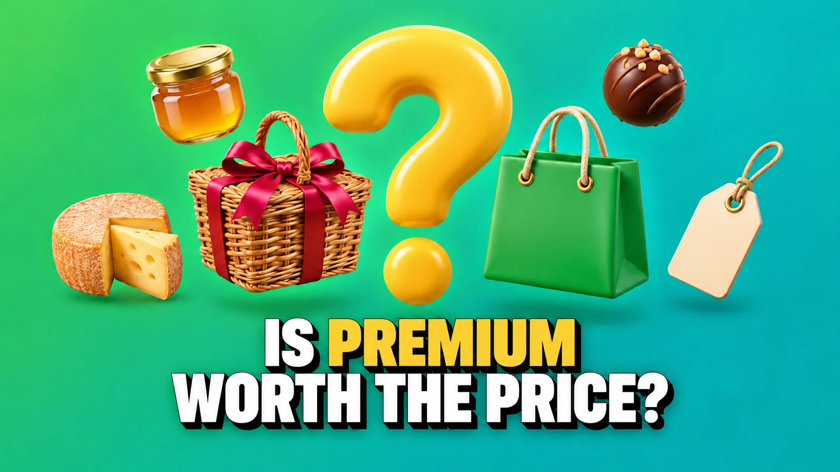 Glossy 3D basket, cheese and green bag around a yellow question mark.