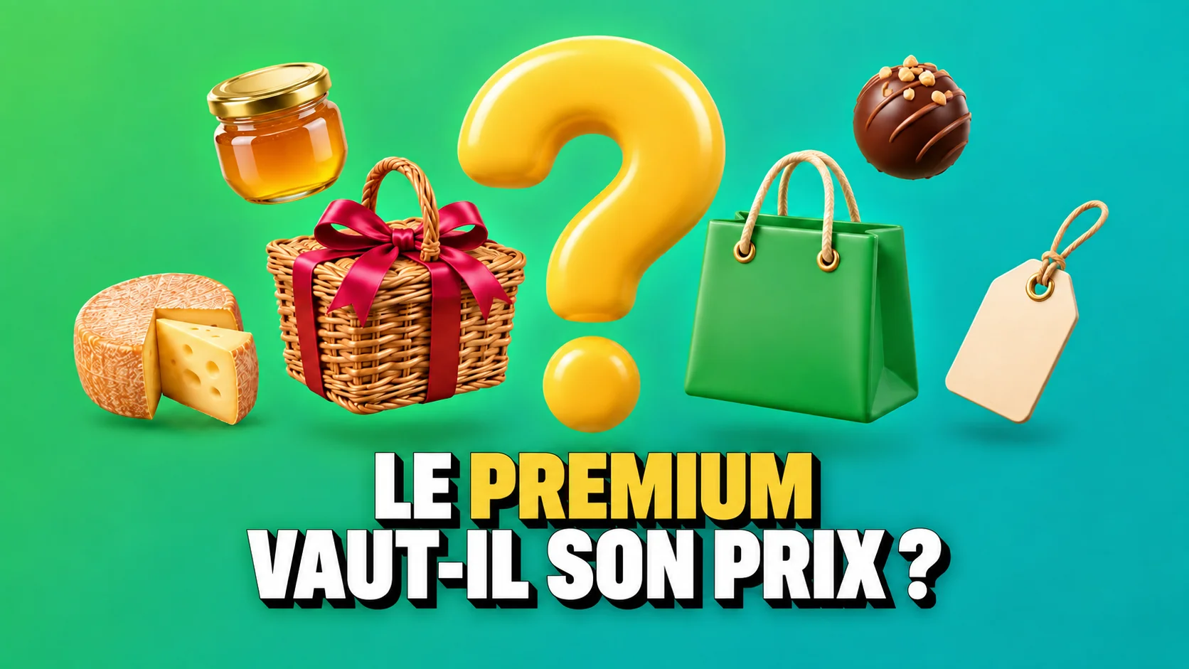 Icônes 3D brillantes d’un panier, fromage et sac vert autour d’un point d’interrogation jaune.
