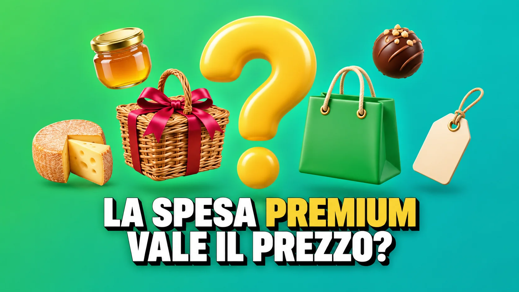 Icone 3D lucide attorno a un grande punto interrogativo giallo: un cesto con nastro, una forma di formaggio e un sacchetto verde.