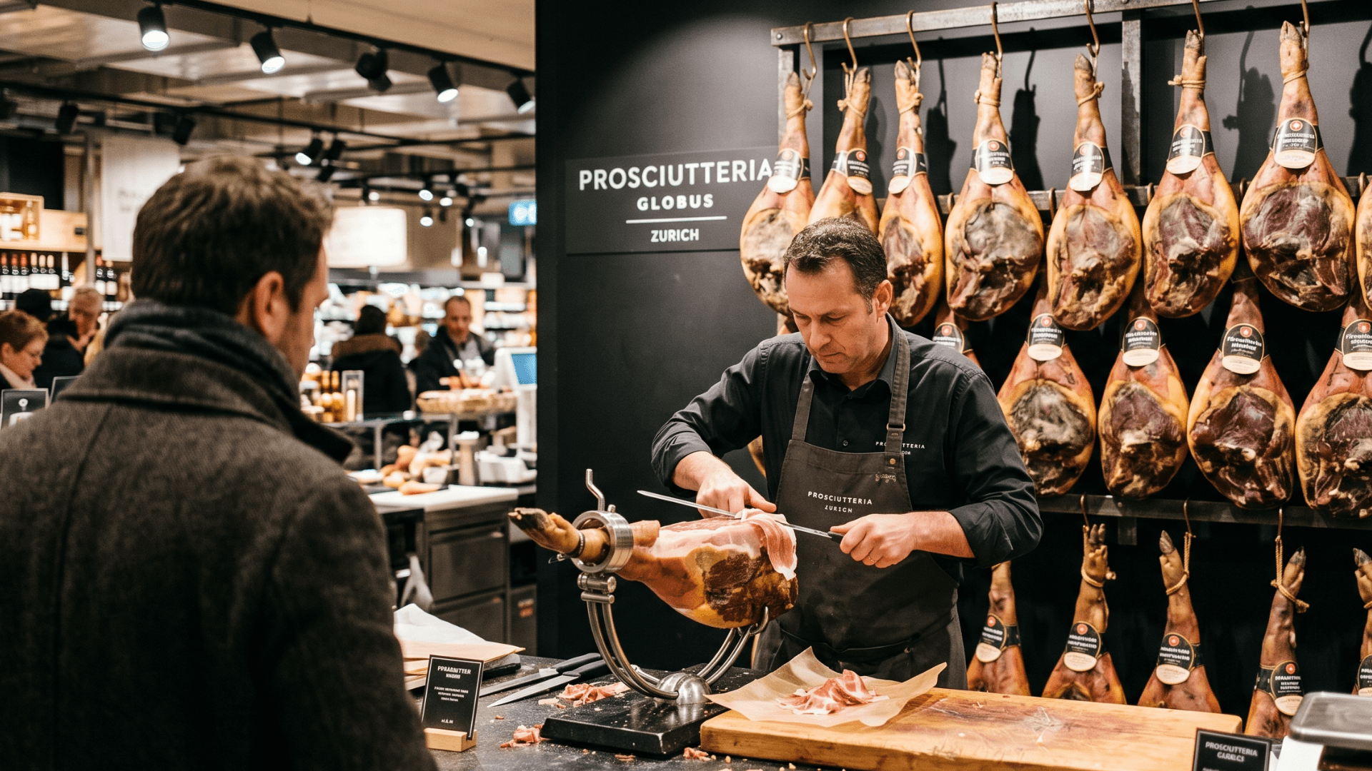 The Globus Delicatessa food hall in Zurich and a Manor Food fresh-produce section side by side