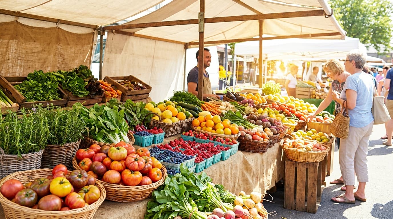 Wochenmarktstand mit Schweizer Gemüse neben einem Supermarktregal, Preisvergleich für die Rappn-App