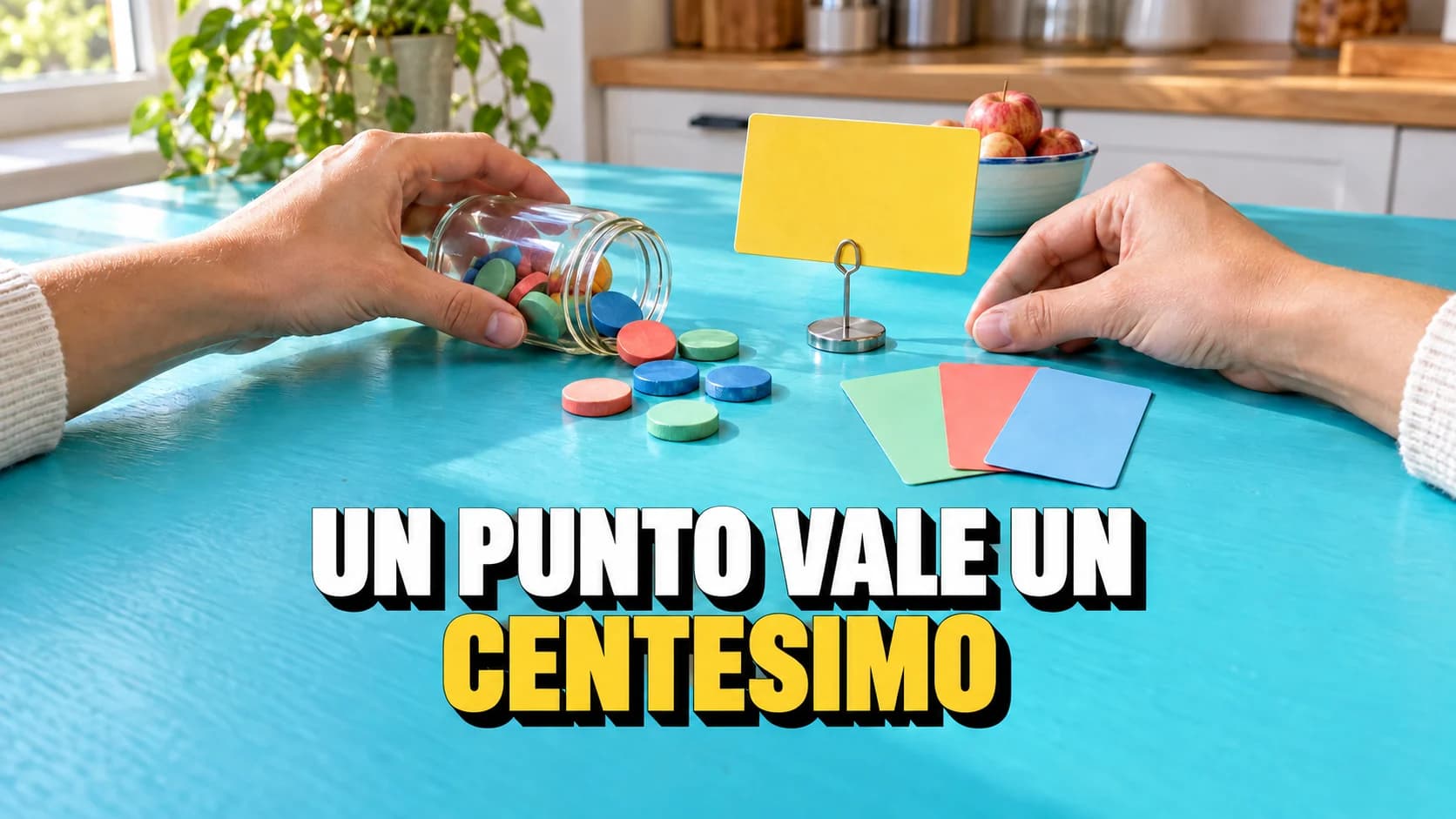 Mani, tessere vuote, gettoni lisci e una mela su un tavolo.