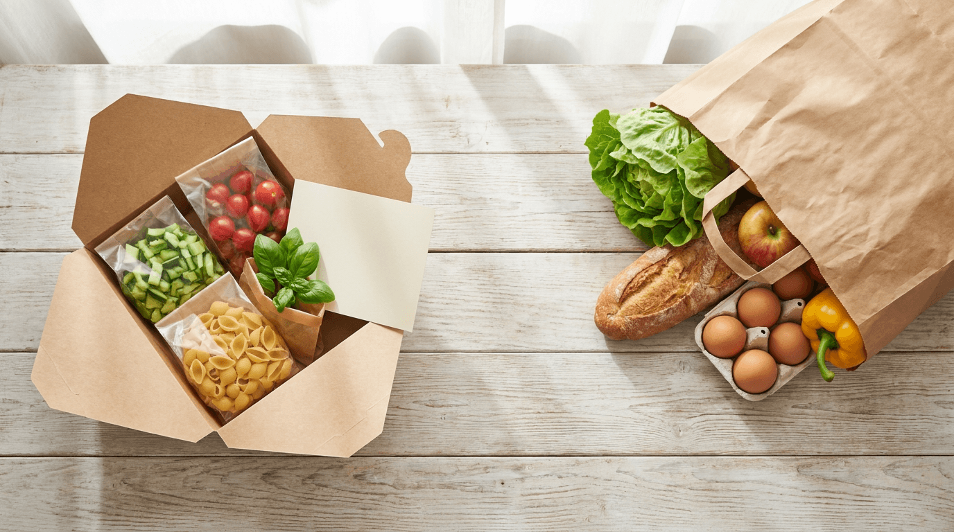 Box repas vs courses en Suisse : un kit repas d'ingredients frais portionnes a cote d'un sac de courses de supermarche ouvert, compares sur le cout et la commodite