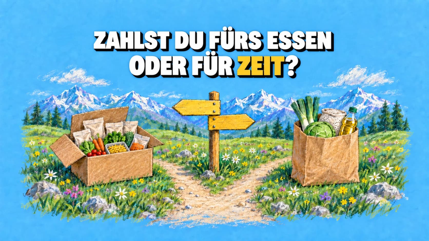 Alpine Weggabelung mit portionierter Kochbox und Tasche voller Lebensmittel.