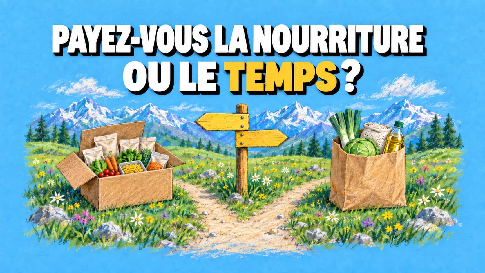Bifurcation alpine avec boîte d’ingrédients portionnés et sac d’aliments entiers.