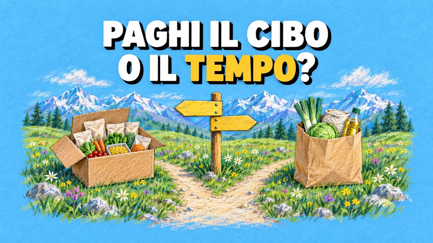 Bivio alpino con scatola di ingredienti porzionati e borsa di alimenti interi.