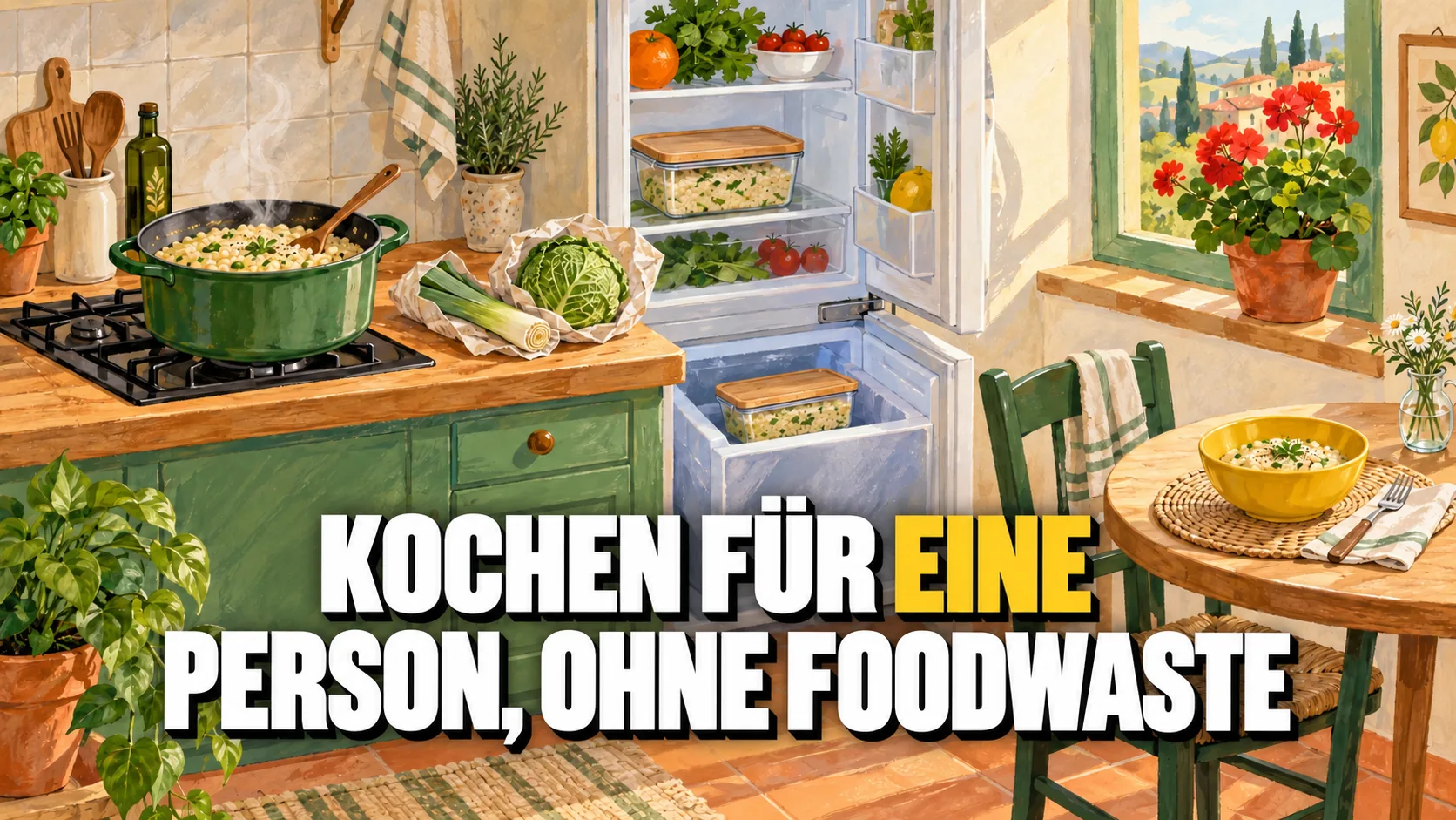 Gouache-Illustration: ein einzelnes Gedeck, ein Topf Risotto und zwei Portionen für Kühlschrank und Tiefkühler