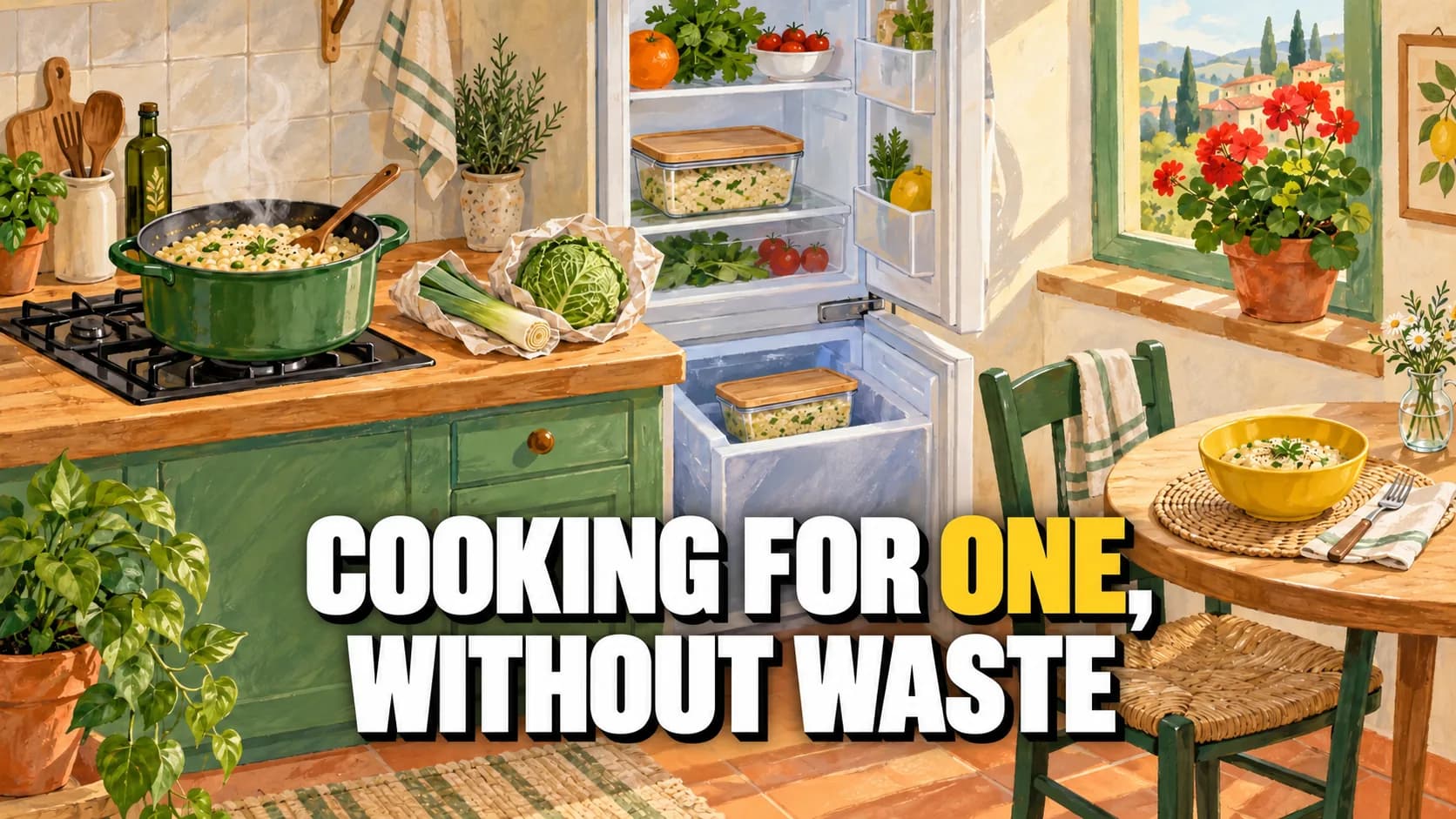 Gouache illustration: a single place setting, a pot of risotto and two portions set aside for the fridge and freezer