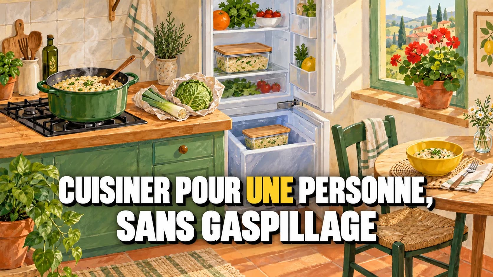 Illustration à la gouache : un seul couvert, une casserole de risotto et deux portions pour le frigo et le congélateur