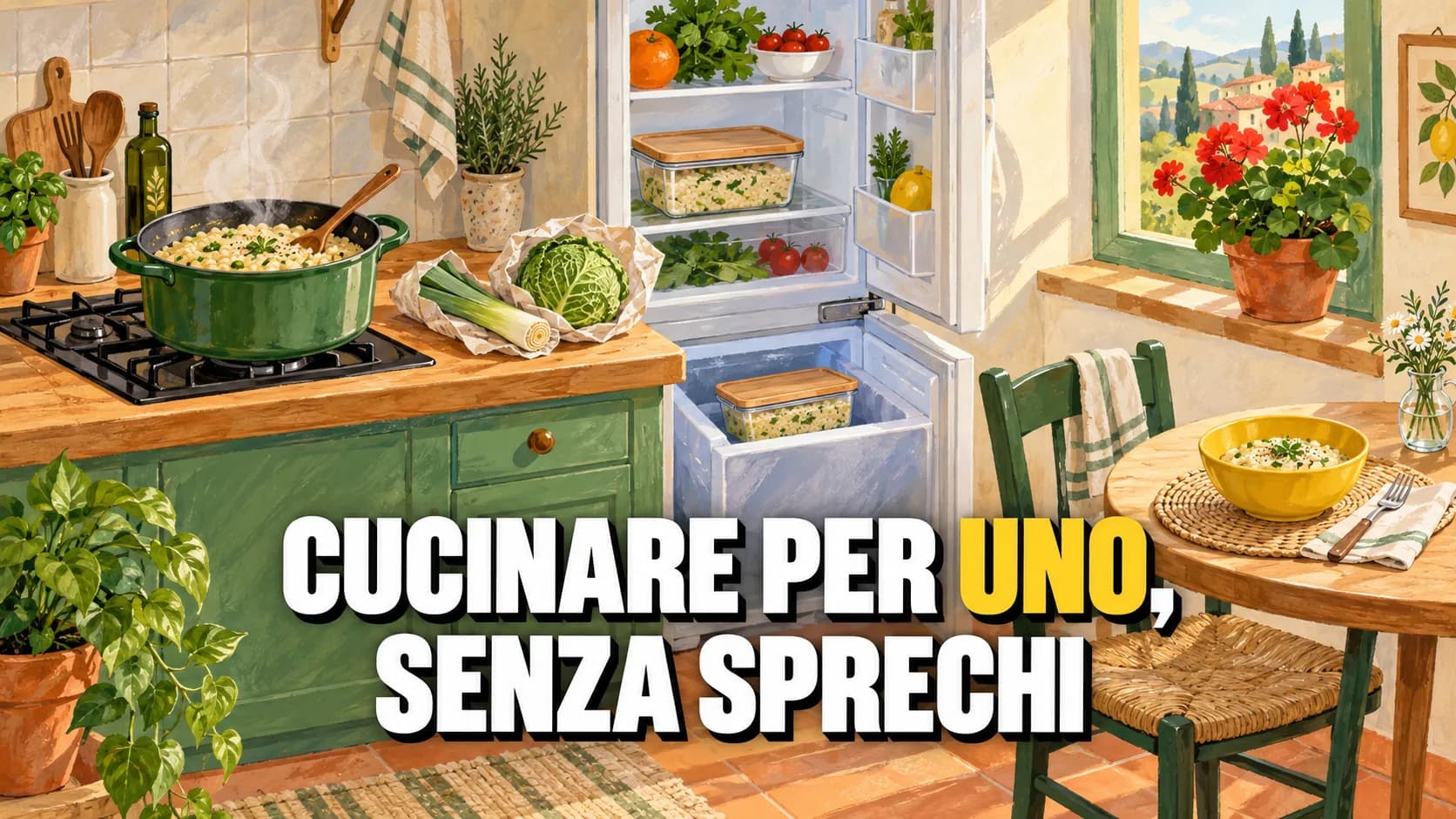 Illustrazione a gouache: un solo coperto, una pentola di risotto e due porzioni messe da parte per il frigo e il congelatore