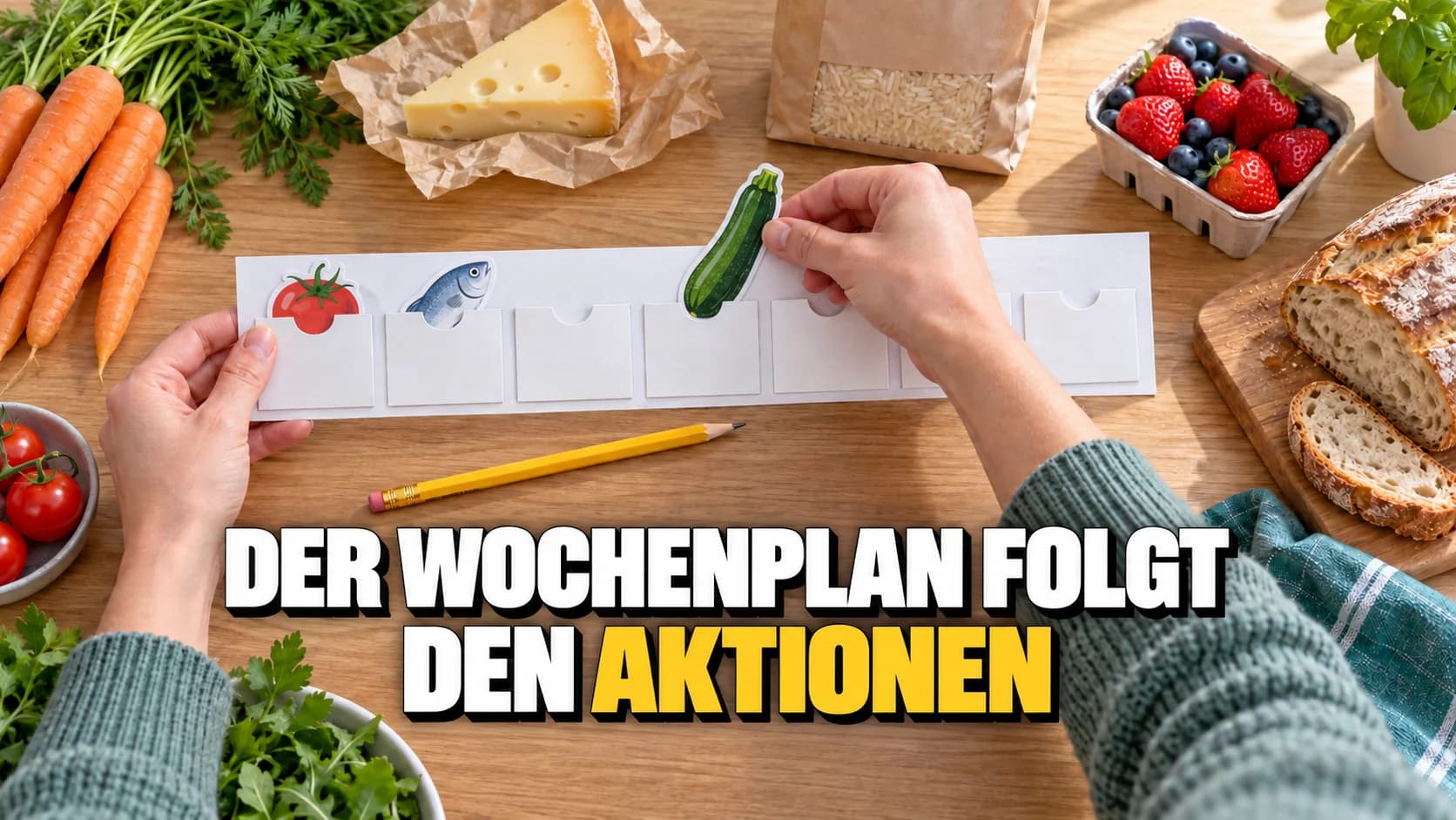 Hände stecken einen Zucchini-Ausschnitt in eine Reihe von sieben Taschen neben Lebensmitteln.