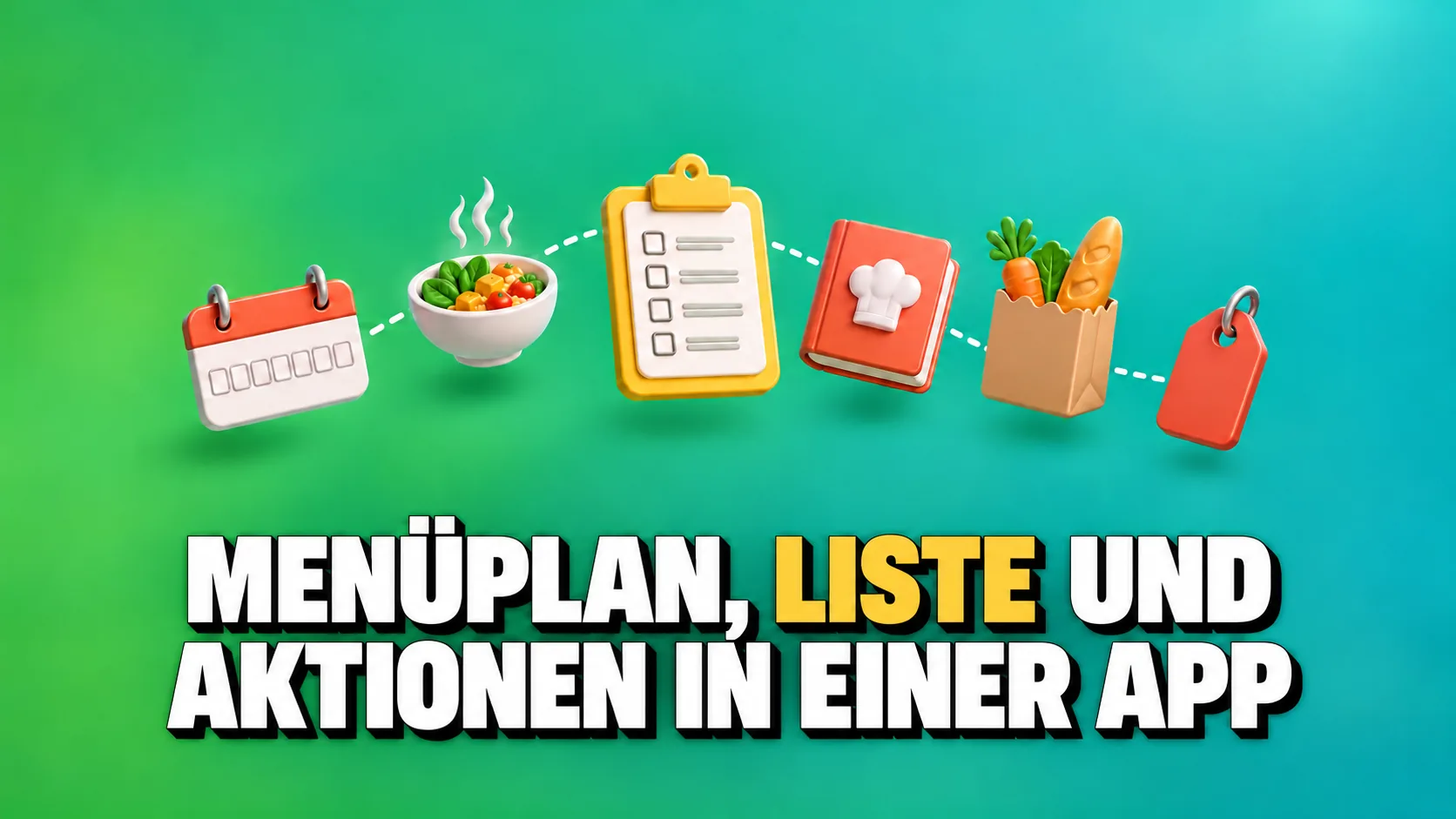 Glänzende 3D-Icons von Kalender, Schüssel, Kochbuch, Liste und Einkaufstasche, durch einen Weg verbunden