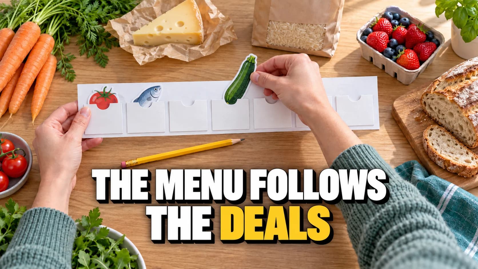 Hands place a courgette cutout into a row of seven pockets beside groceries.