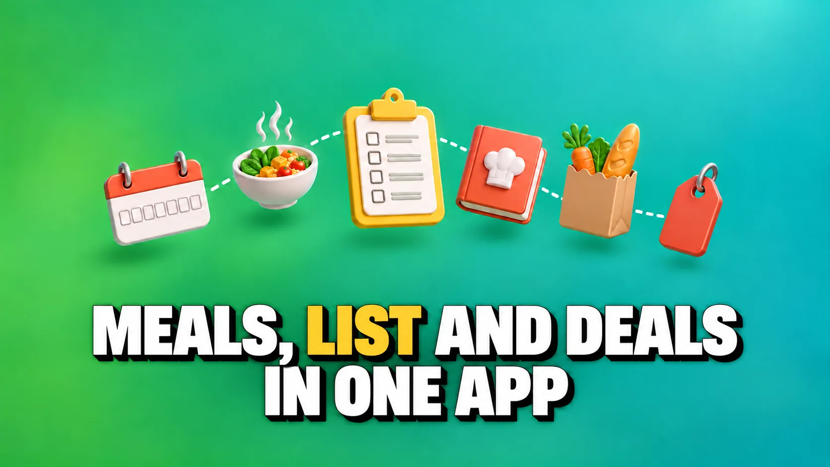 Glossy 3D icons of a calendar, a bowl, a cookbook, a list and a grocery bag linked by a path