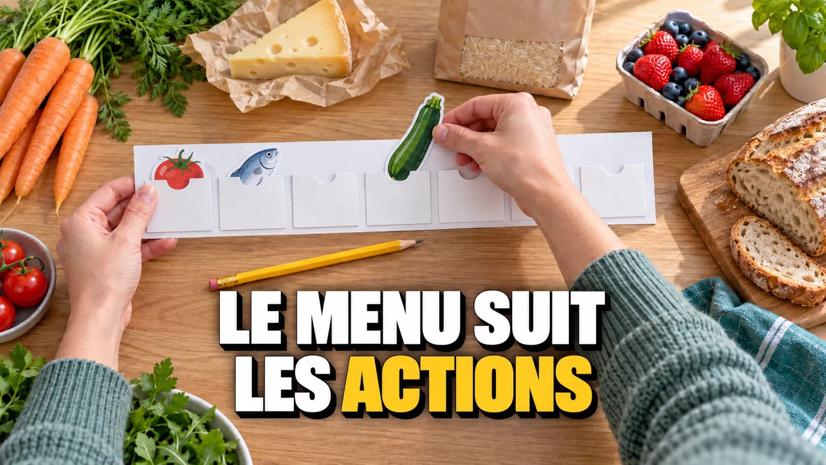 Des mains glissent une courgette découpée dans une rangée de sept pochettes près d’aliments.