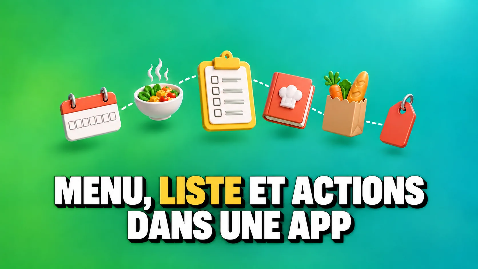 Icônes 3D brillantes d’un calendrier, d’un bol, d’un livre de recettes, d’une liste et d’un sac de courses reliées par un chemin