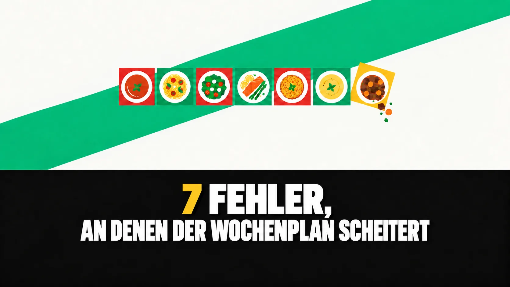 Sieben grafische Kacheln mit je einem Teller, die siebte rutscht aus dem Raster