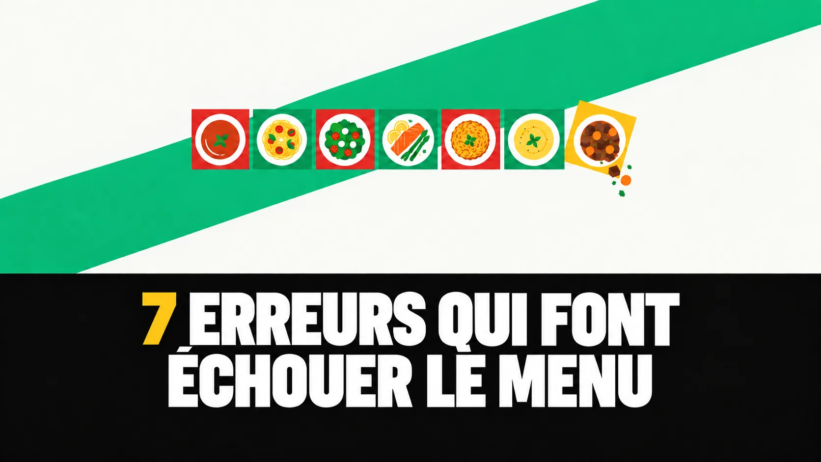 Sept carreaux graphiques avec une assiette chacun, le septième glisse hors de la grille
