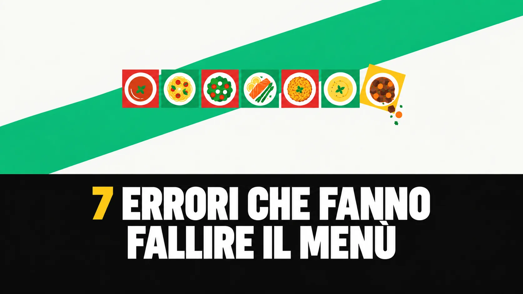 Sette piastrelle grafiche con un piatto ciascuna, la settima scivola fuori dalla griglia