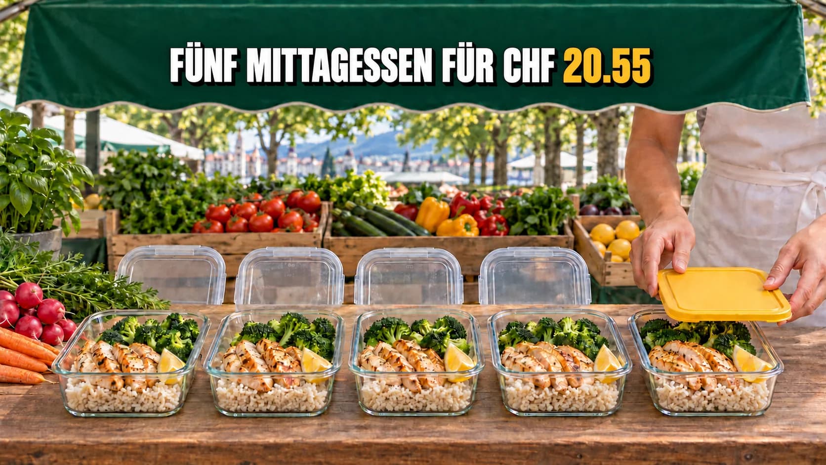 Marktstand mit fünf gefüllten Essensboxen unter einer grünen Markise.
