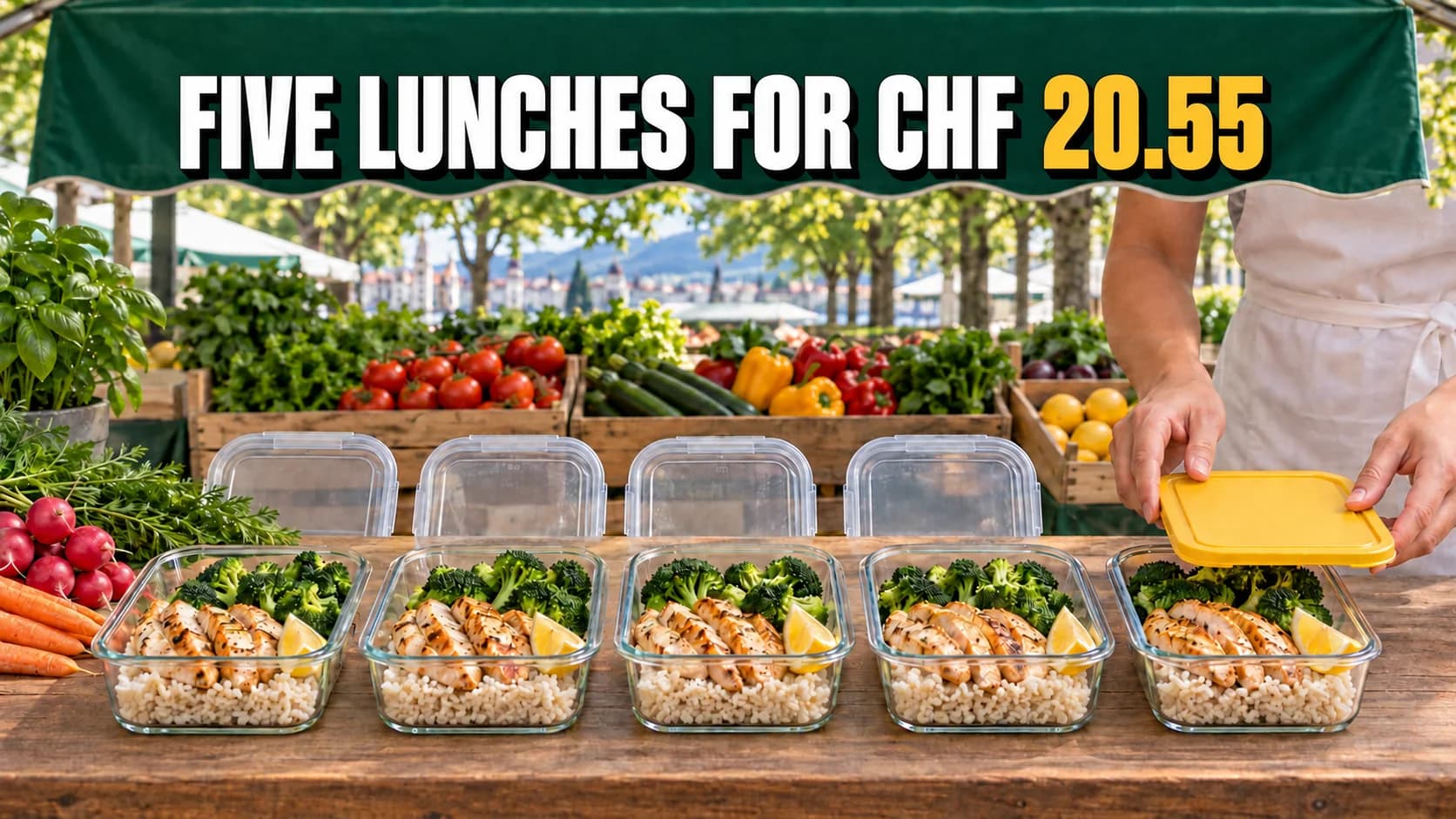Market stall with five filled meal-prep boxes beneath a green awning.