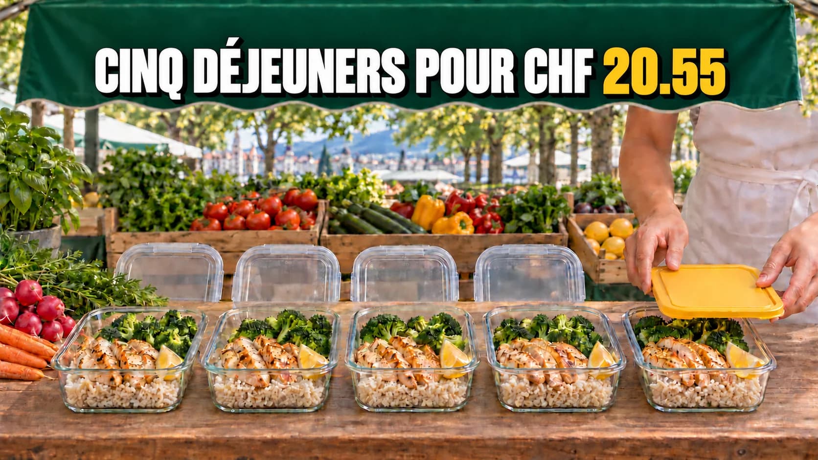 Étal de marché avec cinq boîtes-repas remplies sous un auvent vert.