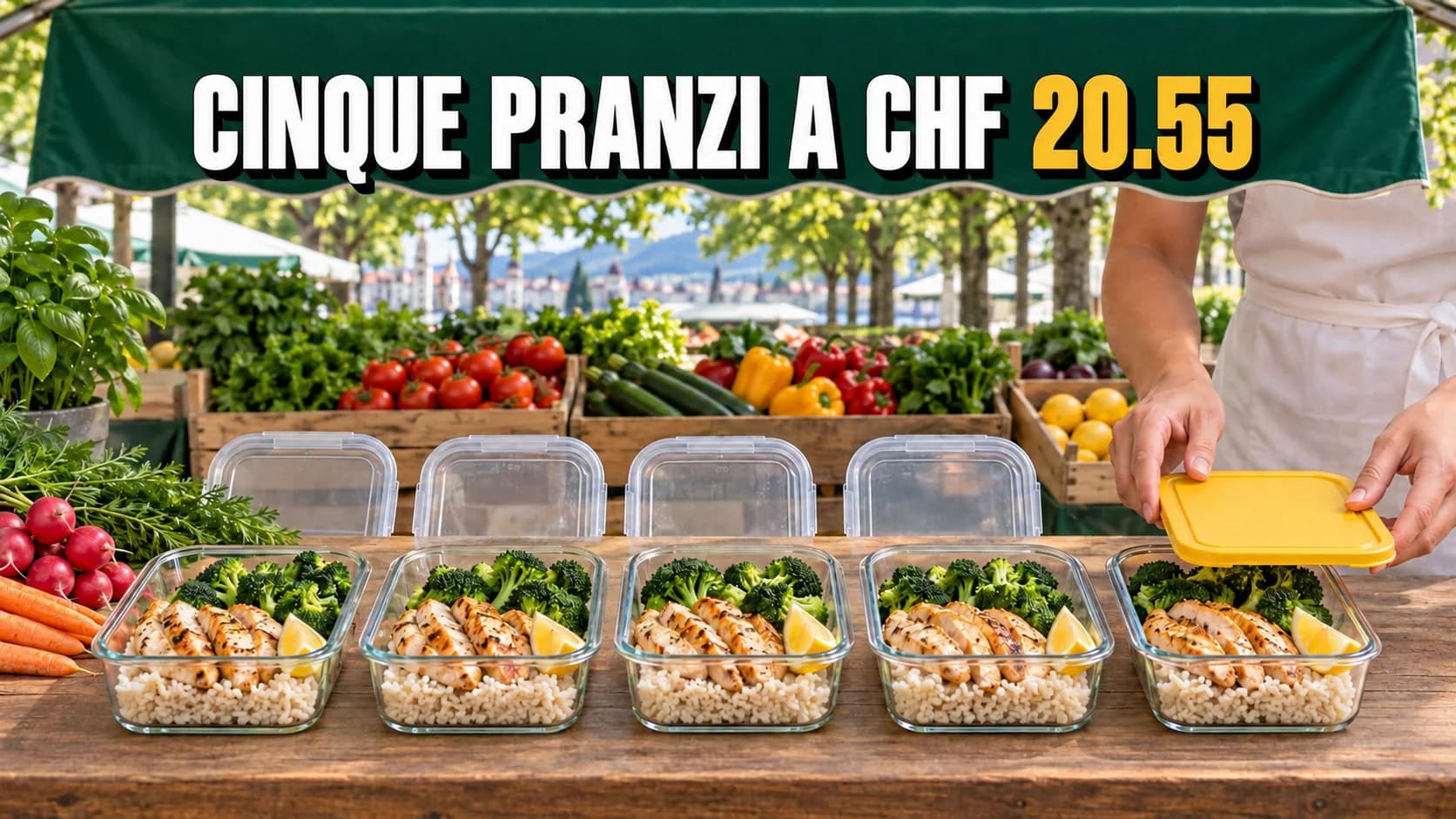 Banco di mercato con cinque contenitori pieni per il pranzo sotto una tenda verde.