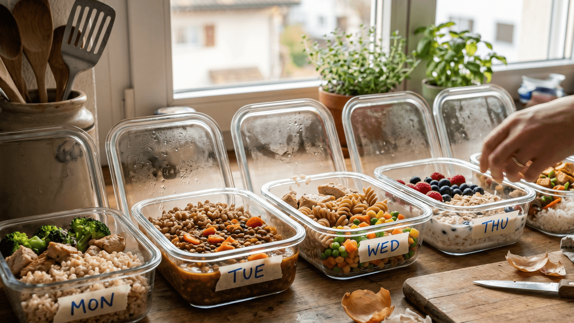 A Swiss meal-prep kitchen with five labelled glass containers showing chicken, lentils, quark, tofu and rice