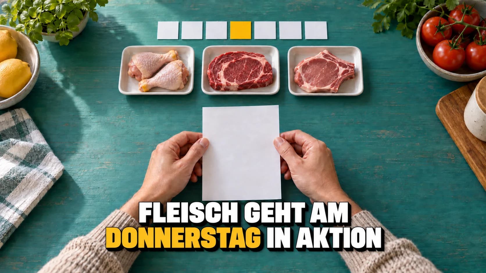 Hände, drei Fleischschalen und sieben leere Karten, die vierte gelb.