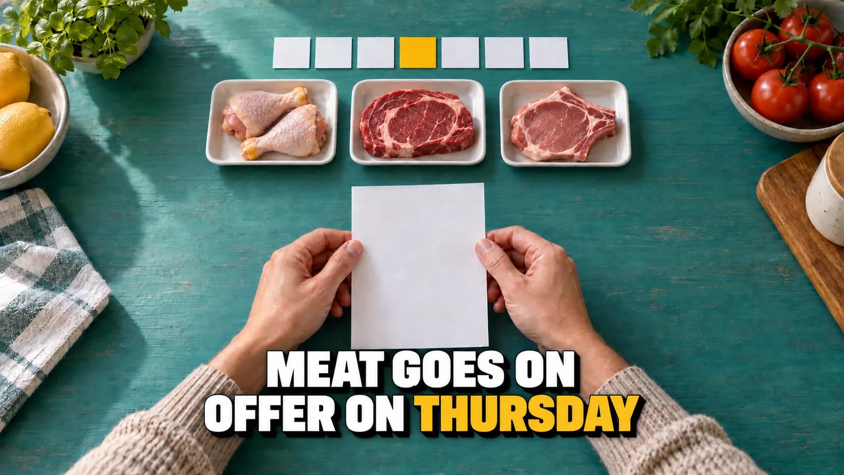 Hands, three meat trays and seven blank cards, the fourth yellow.