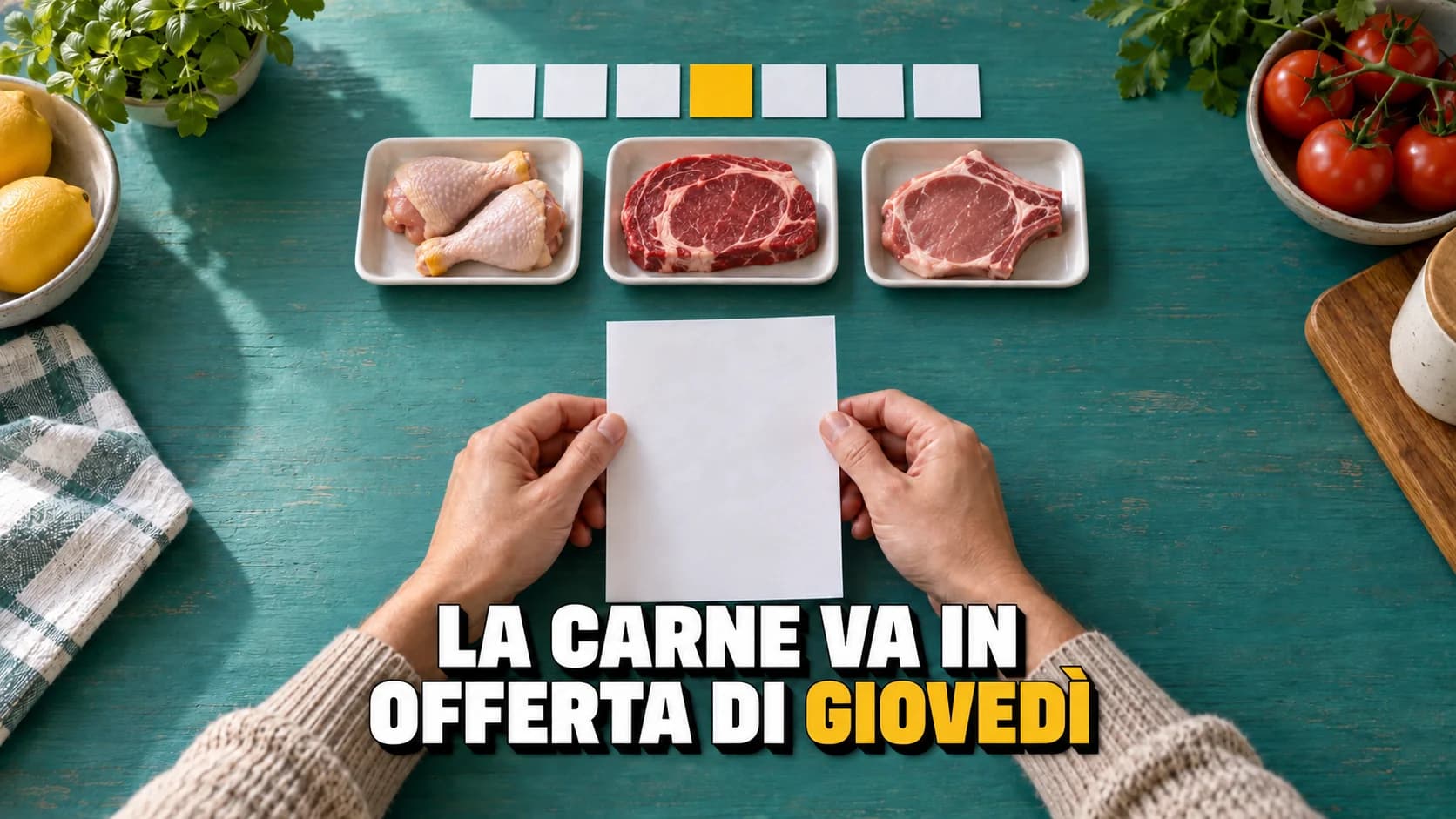 Mani, tre vaschette di carne e sette schede vuote, la quarta gialla.