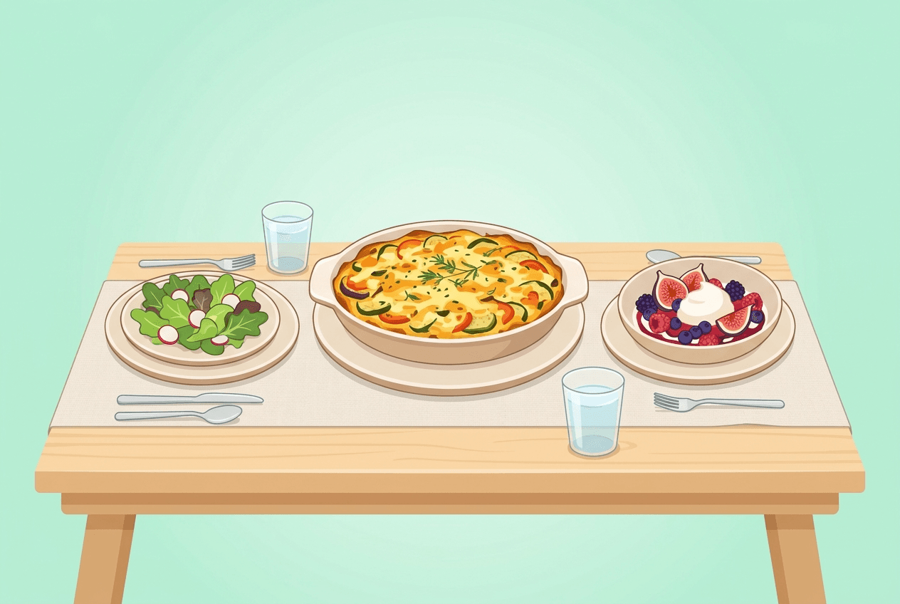 Une table de repas trois services généreuse pour invités en Suisse, avec une soupe de légumes de saison, un plat mijoté préparé à l'avance et un dessert simple aux fruits
