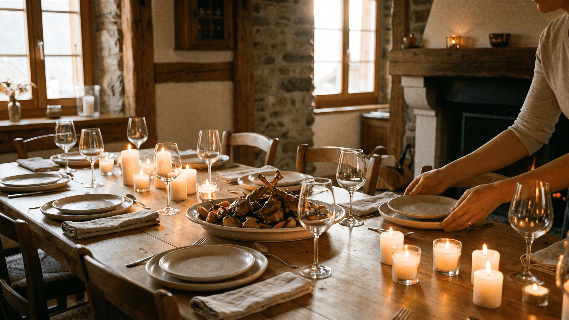 A generous three-course dinner-party table in Switzerland with a seasonal vegetable soup, a make-ahead braise and a simple fruit dessert