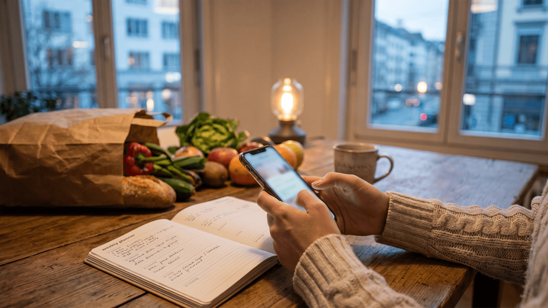 Weekly meal plan on a kitchen table next to a phone showing current deals from several Swiss supermarkets – planning the menu around this week’s offers.