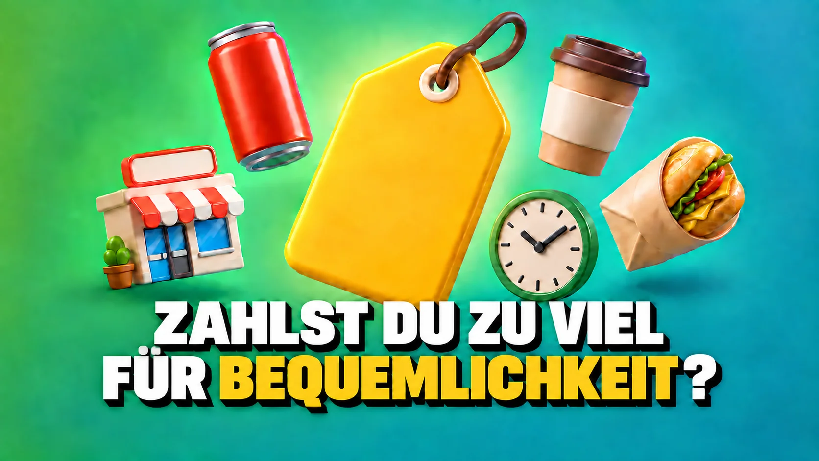 Schwebende 3D-Symbole: neutraler Laden, Dose, Kaffeebecher, Sandwich und leeres gelbes Etikett.