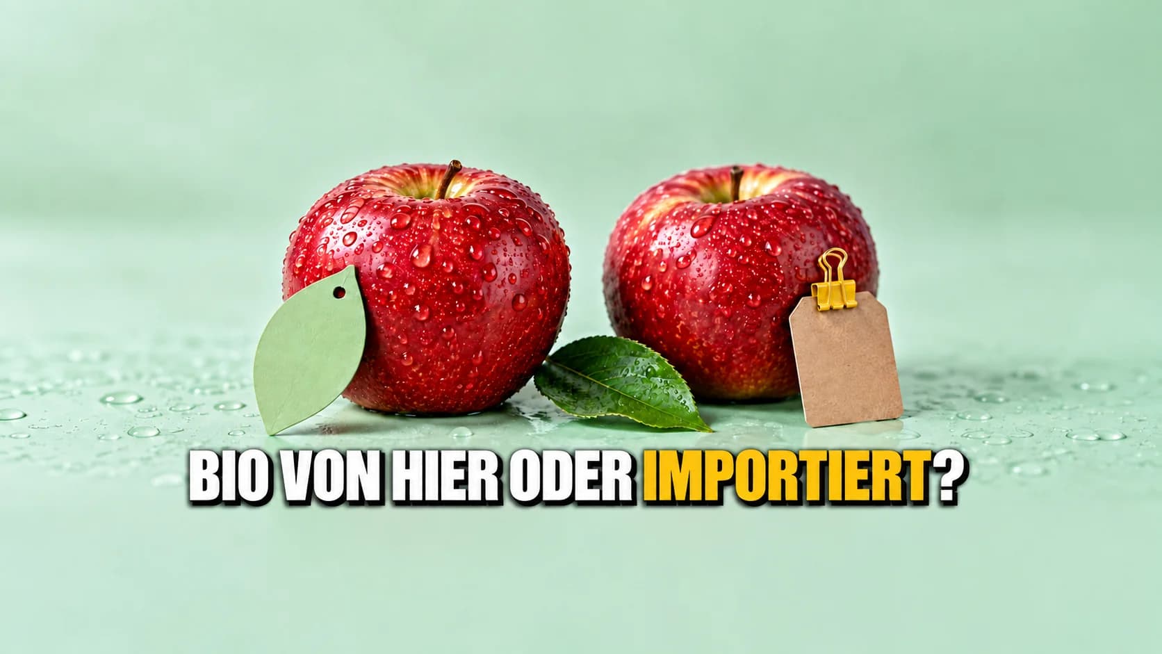 Makro von zwei identischen roten Äpfeln voller Wassertropfen, je ein leeres Schild daneben, eines grün, eines aus Kraftpapier.