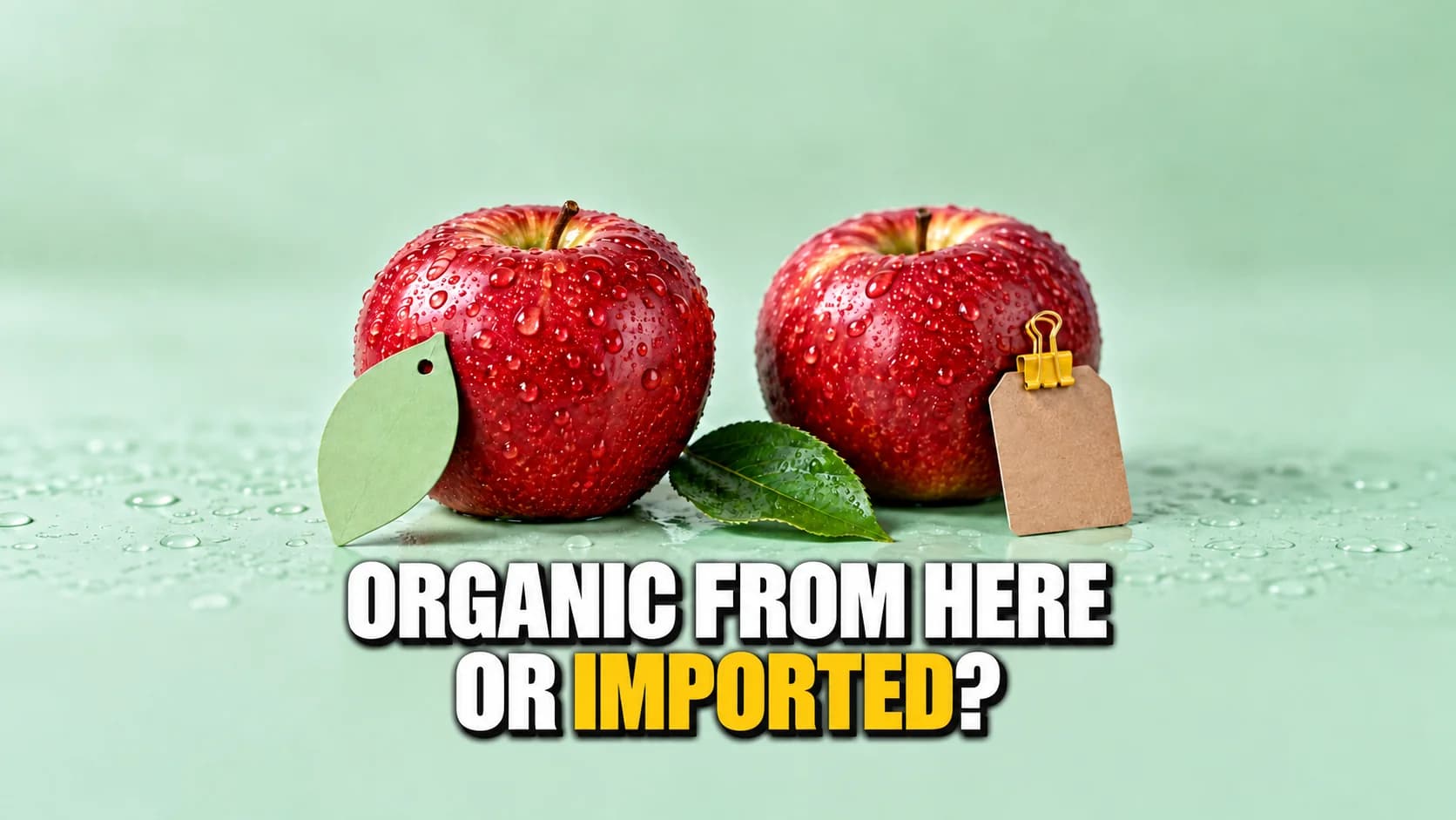 Macro of two identical red apples covered in water droplets, each with a blank tag beside it, one green and one kraft paper.