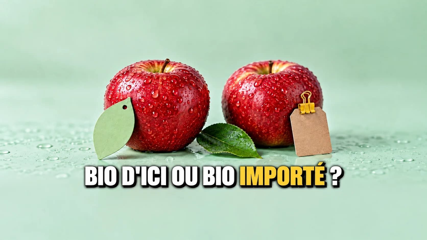 Macro de deux pommes rouges identiques couvertes de gouttes d’eau, chacune flanquée d’une étiquette vierge, une verte et une en papier kraft.