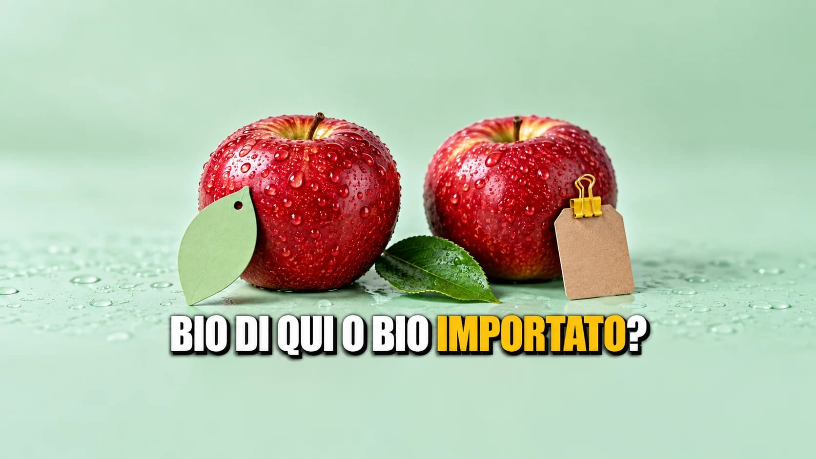 Macro di due mele rosse identiche coperte di gocce d’acqua, ognuna con un cartellino vuoto appoggiato accanto, uno verde e uno di carta kraft.