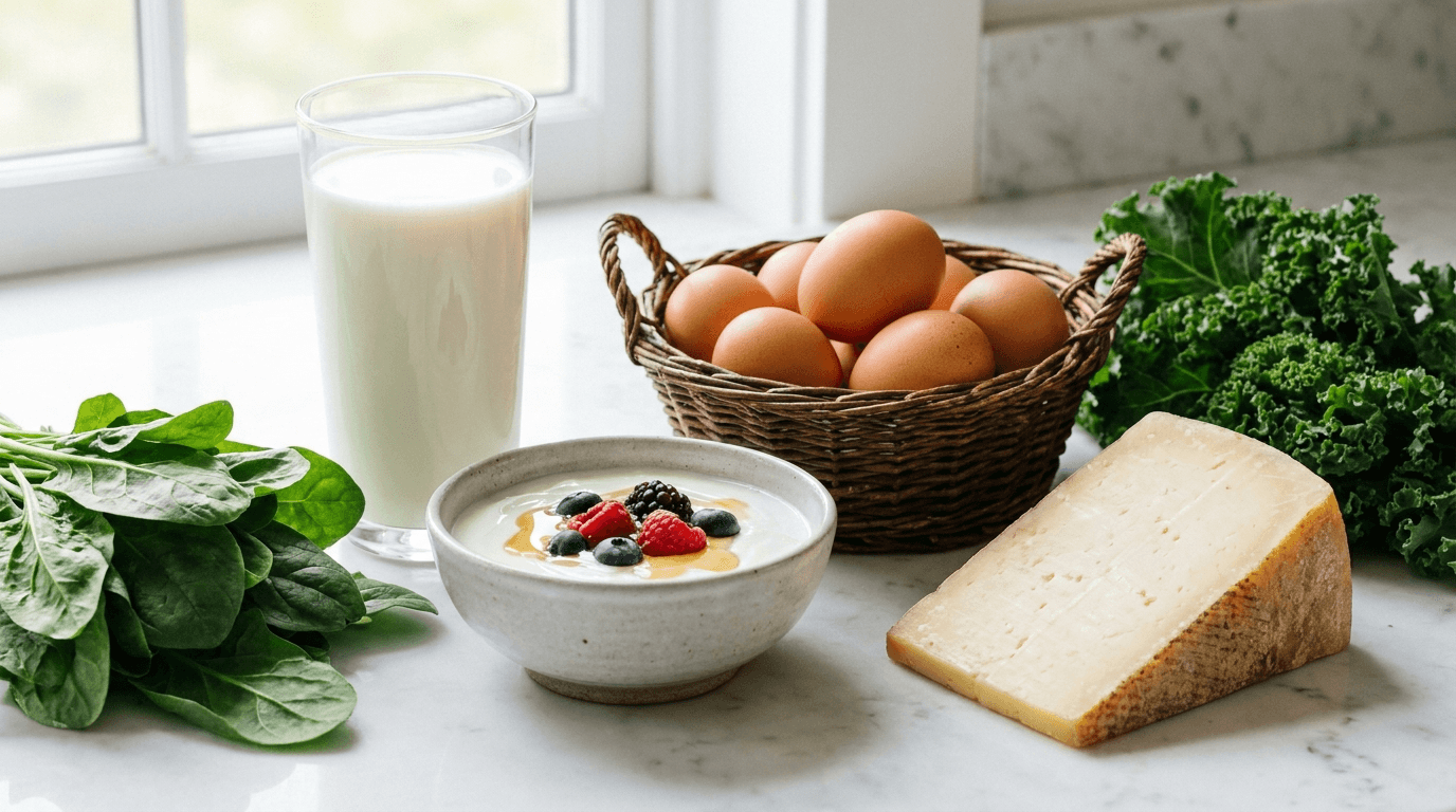 Fresh organic dairy and eggs on a bright kitchen counter