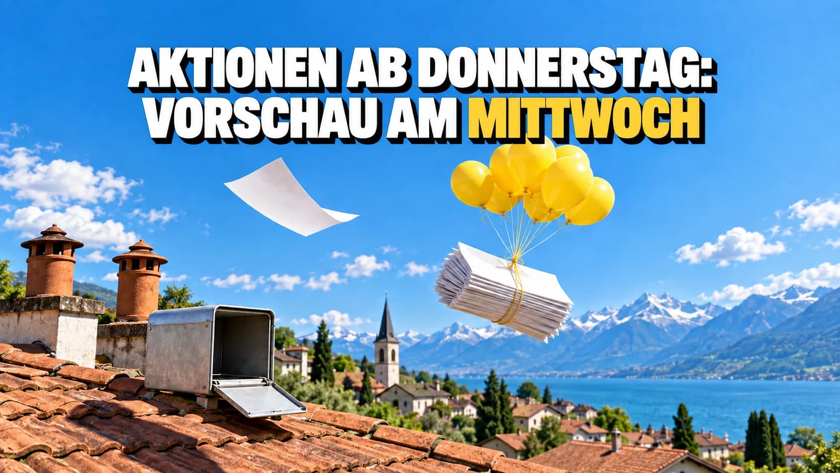 Leere Flyer schweben an gelben Ballons über Dächern; ein einzelnes Blatt gleitet voraus.