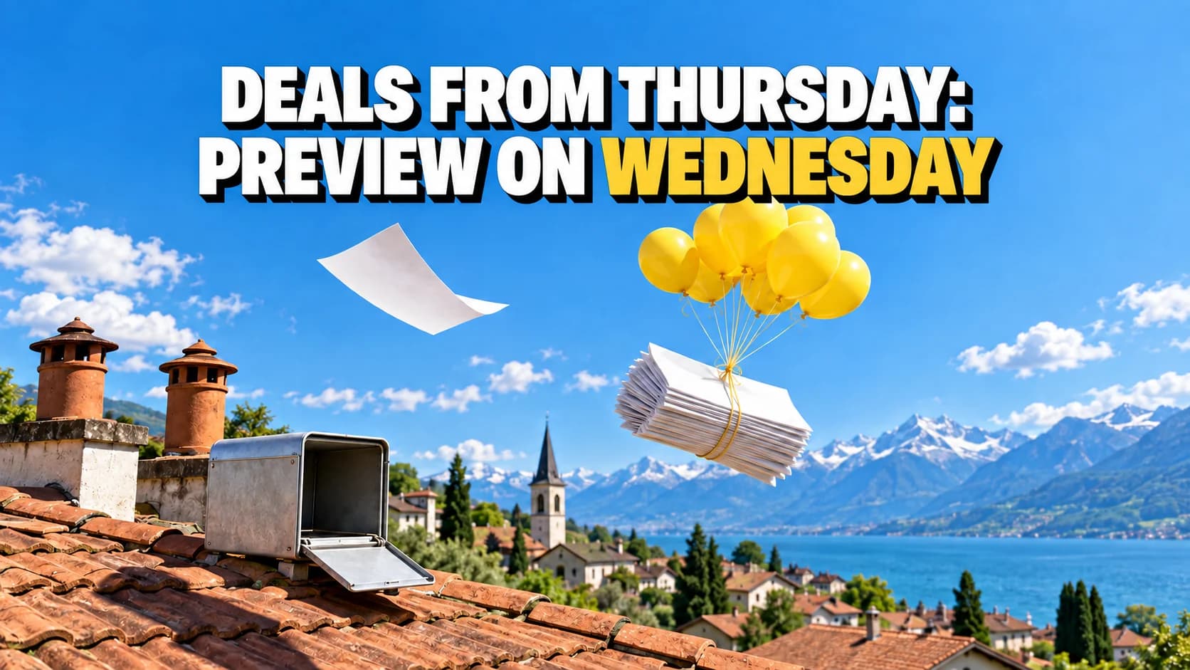 Blank flyers float beneath yellow balloons above rooftops, with one sheet gliding ahead.