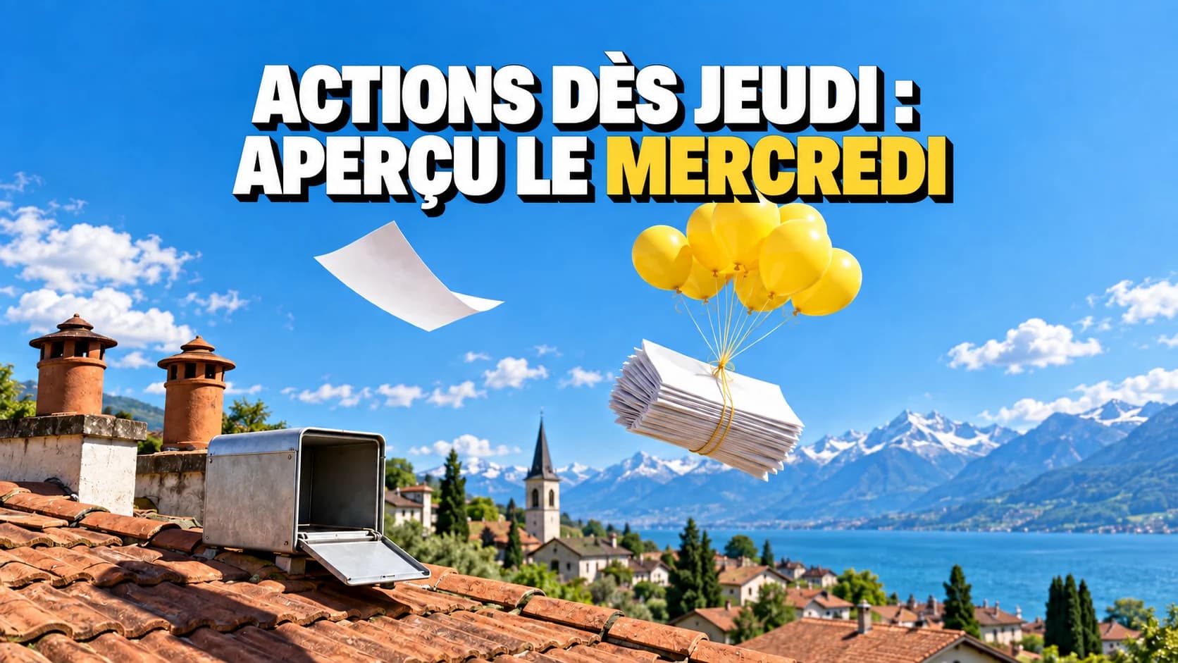 Prospectus vierges portés par des ballons jaunes au-dessus des toits ; une feuille plane devant.