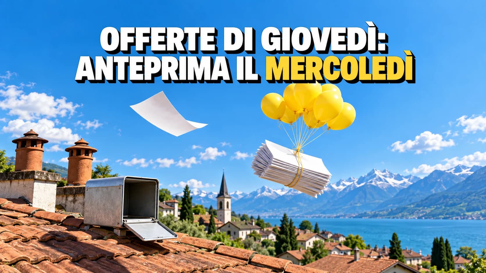 Pila di volantini bianchi senza stampa che si alza in cielo con palloncini gialli, un foglio plana davanti agli altri sopra i tetti.