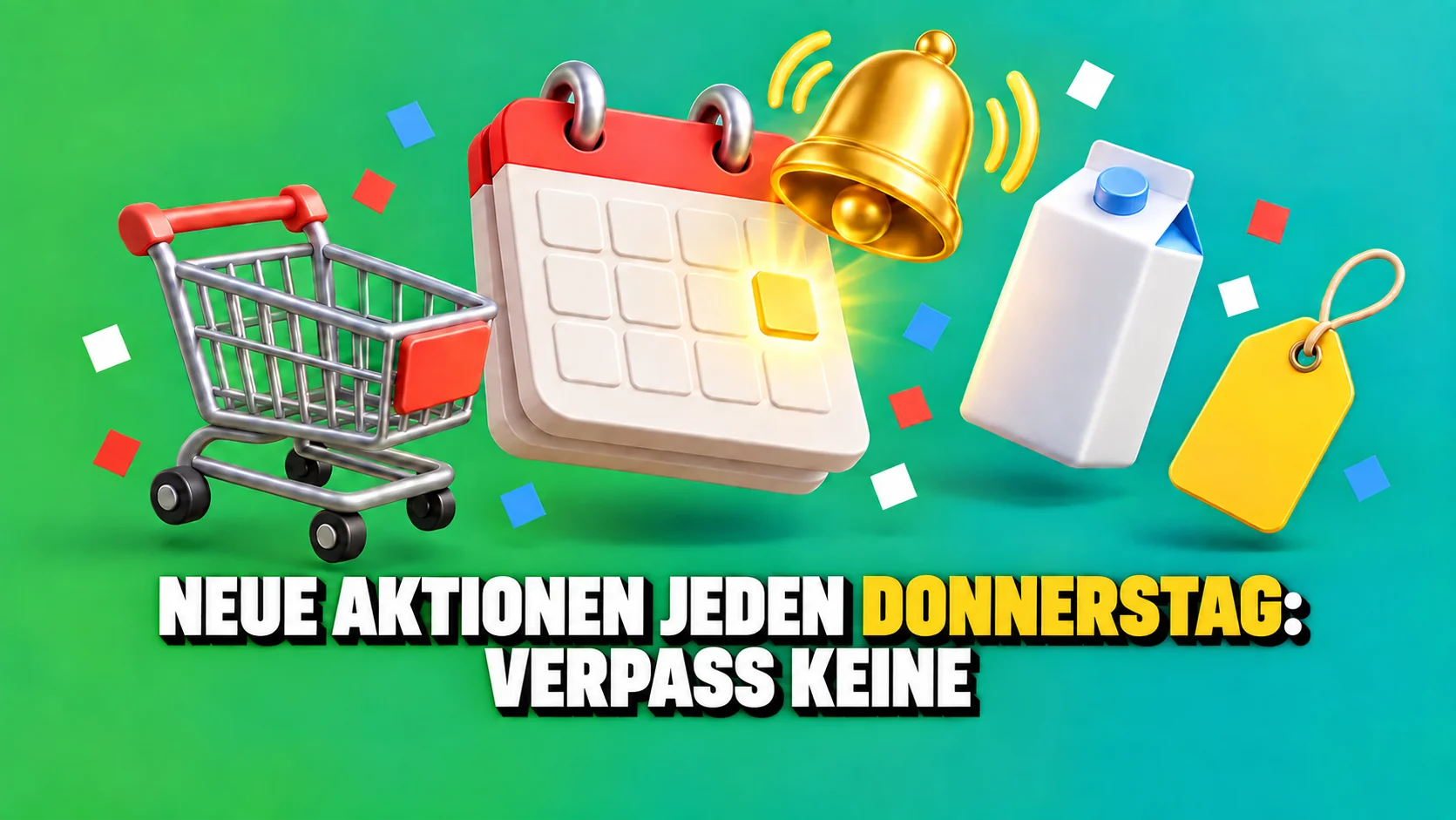 Glänzende 3D-Symbole eines leeren Kalenders, einer klingelnden Glocke, eines Einkaufswagens und gelben Anhängers.