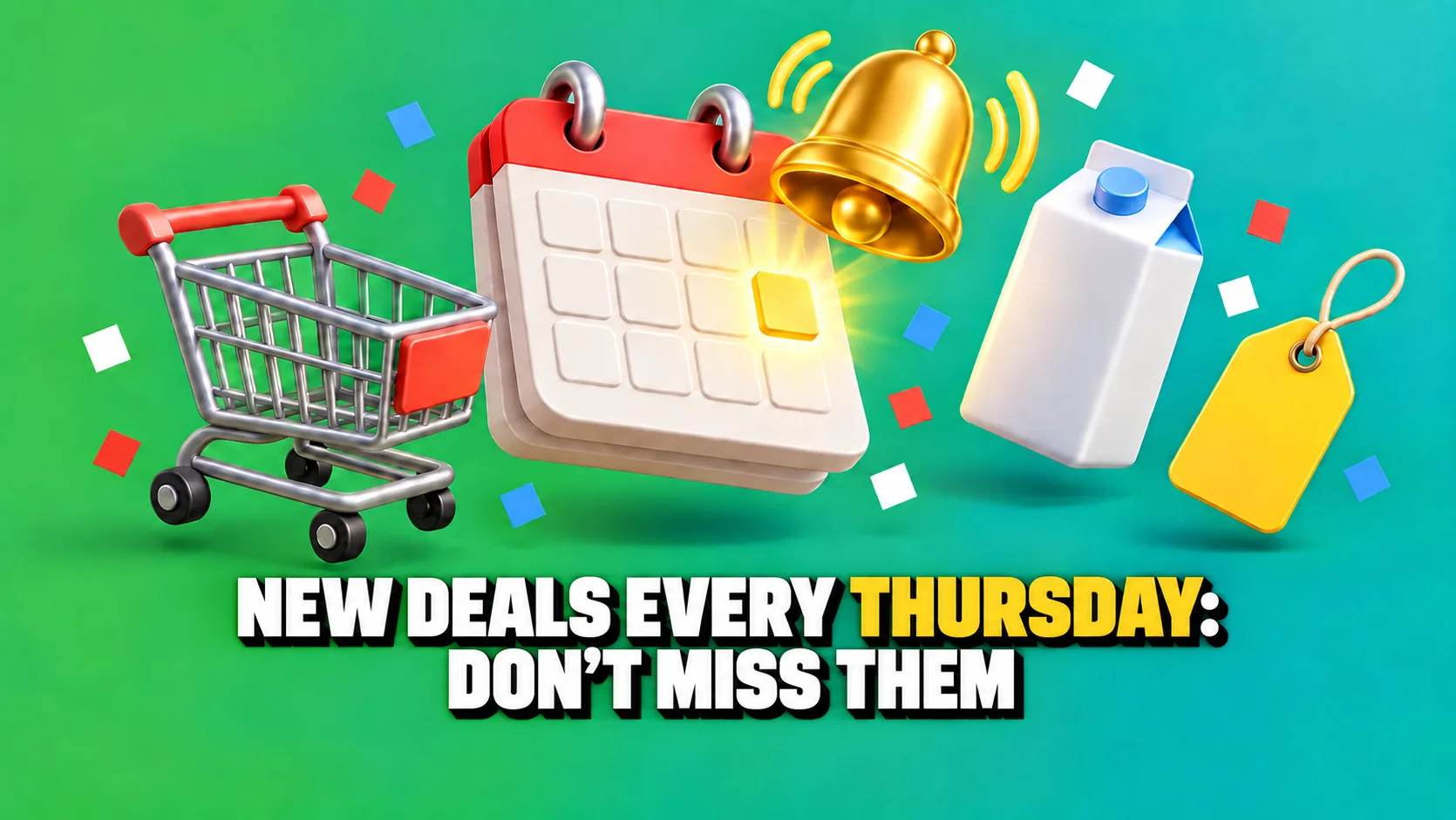 Glossy 3D icons of a blank calendar, ringing bell, trolley and yellow tag.