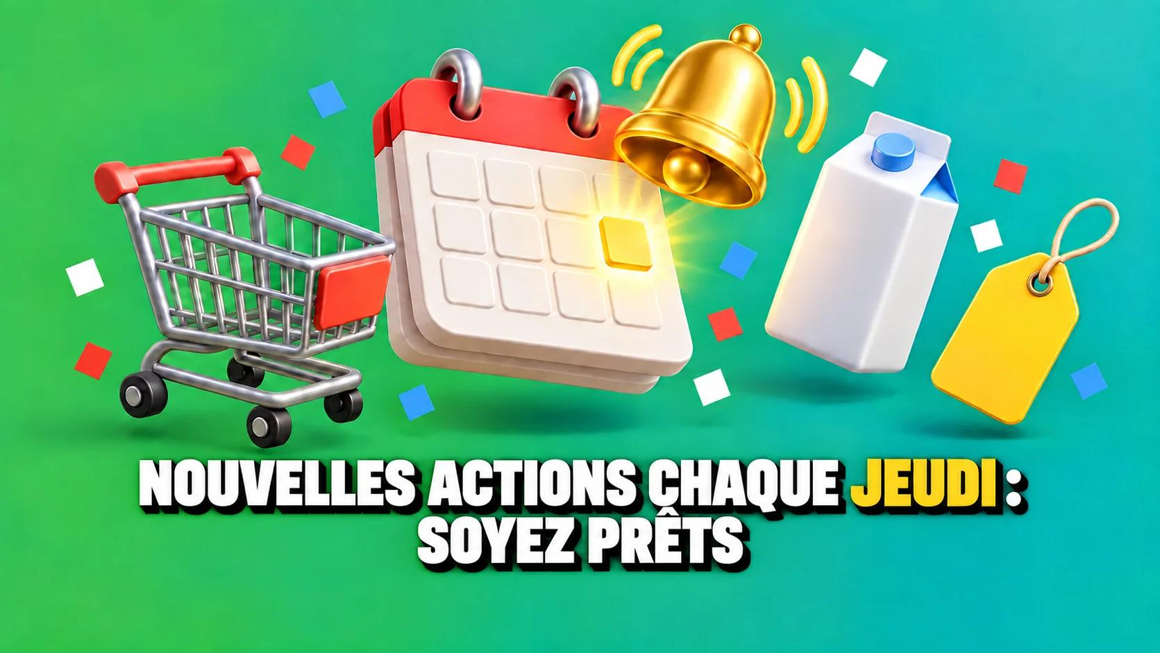 Icônes 3D brillantes d’un calendrier vierge, d’une cloche, d’un chariot et d’une étiquette jaune.